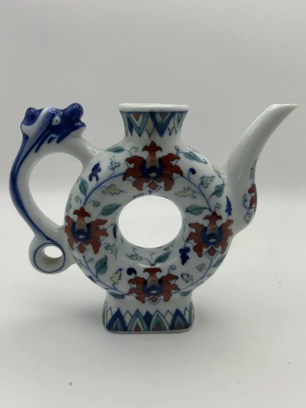 Lovely Vintage Chinese Blue White Porcelain Donut-Shaped Teapot.